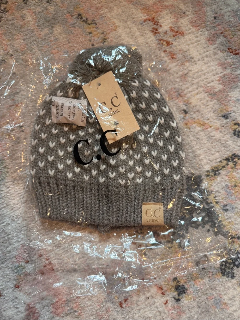 C.C Kids Gray Knit Pom Beanie with White Heart Accents
